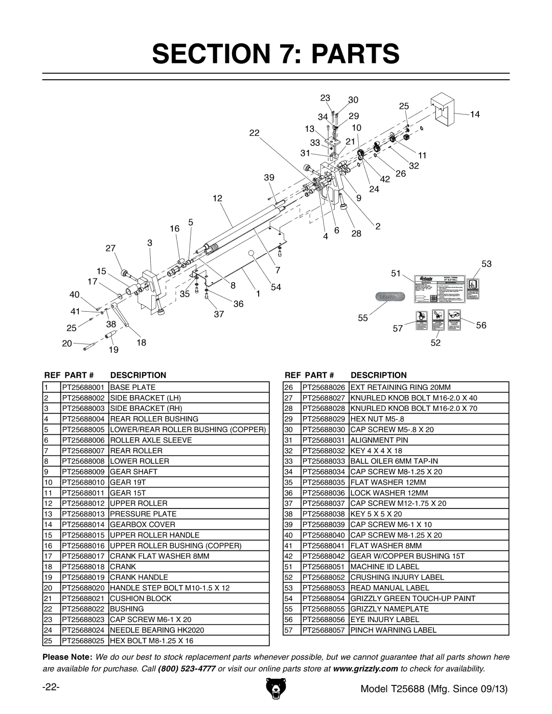 Grizzly T25688 owner manual Parts, Description 