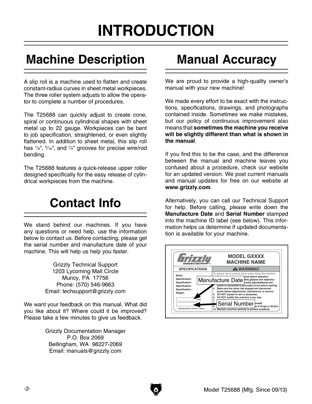 Grizzly T25688 owner manual Introduction, Machine Description Manual Accuracy, Contact Info 