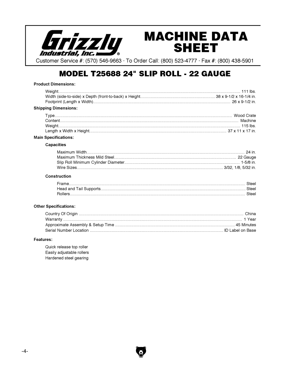 Grizzly T25688 owner manual Machine Data Sheet 