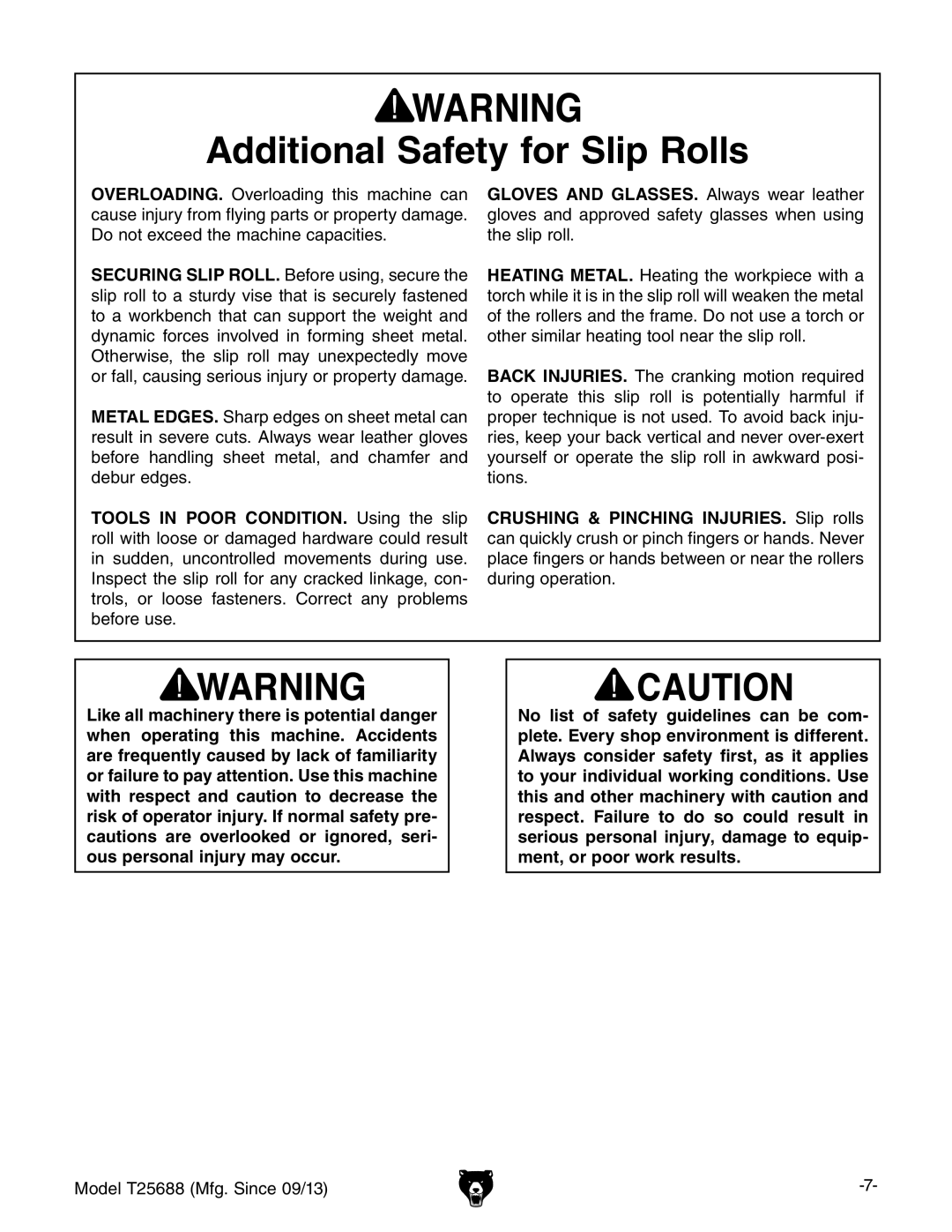 Grizzly T25688 owner manual Additional Safety for Slip Rolls 