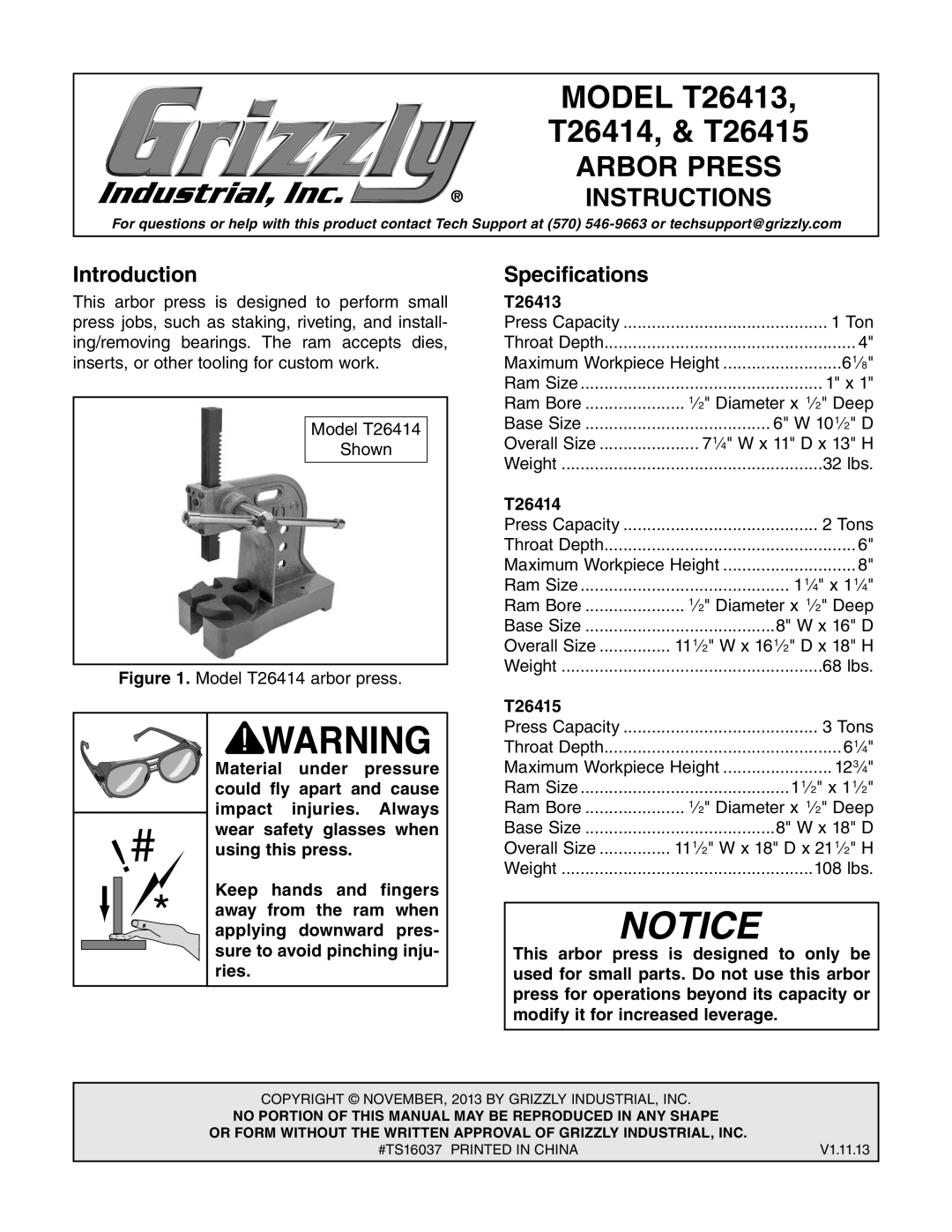 Grizzly T26413 specifications Introduction, Specifications, T26414, T26415 