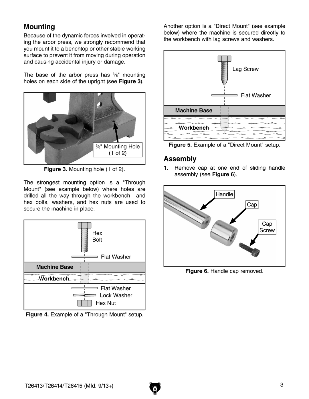 Grizzly T26414, T26413, T26415 specifications Mounting, Assembly, Machine Base Workbench 