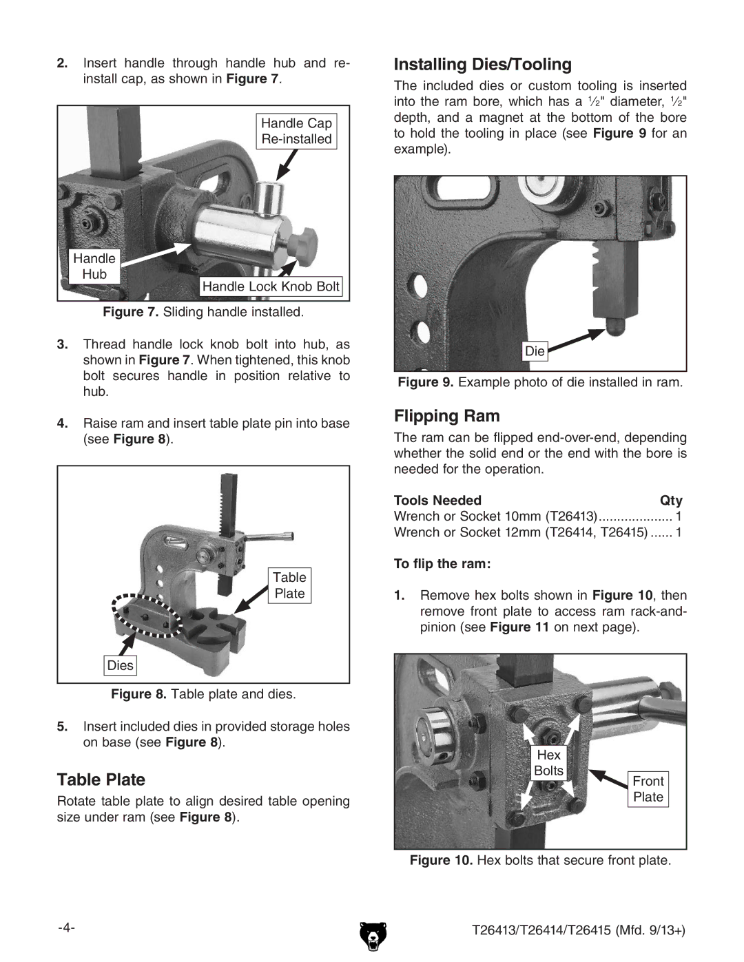 Grizzly T26413, T26414, T26415 Table Plate, Installing Dies/Tooling, Flipping Ram, Tools Needed Qty, To flip the ram 