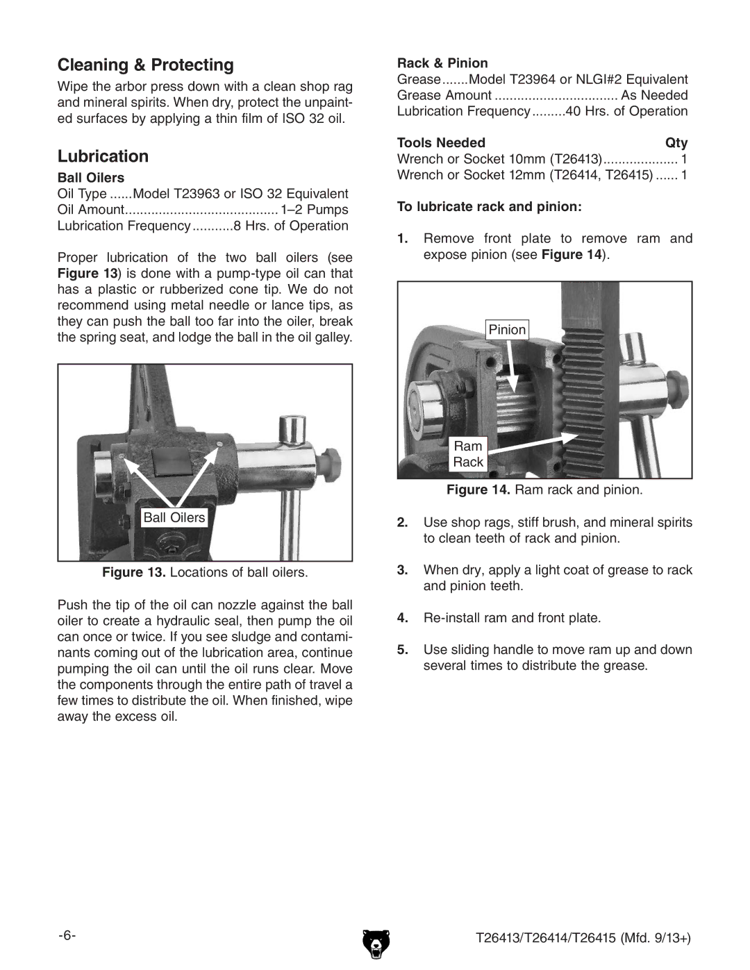 Grizzly T26414, T26413, T26415 Cleaning & Protecting, Lubrication, Ball Oilers, Rack & Pinion, To lubricate rack and pinion 