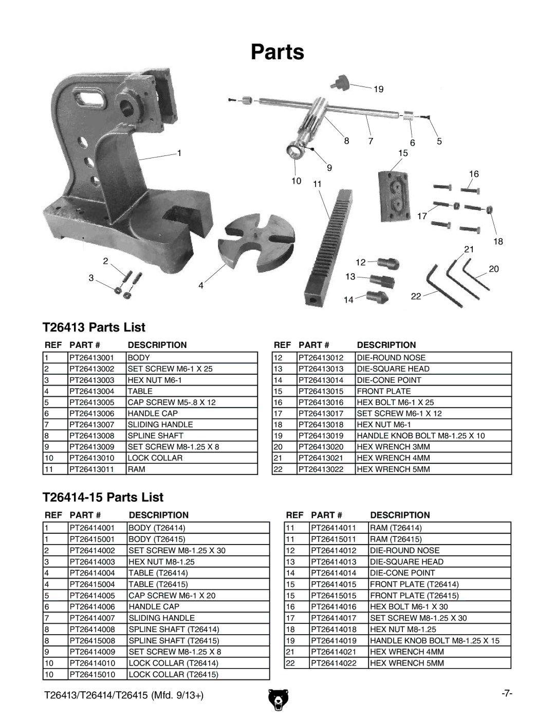 Grizzly T26415 specifications T26413 Parts List, T26414-15 Parts List 