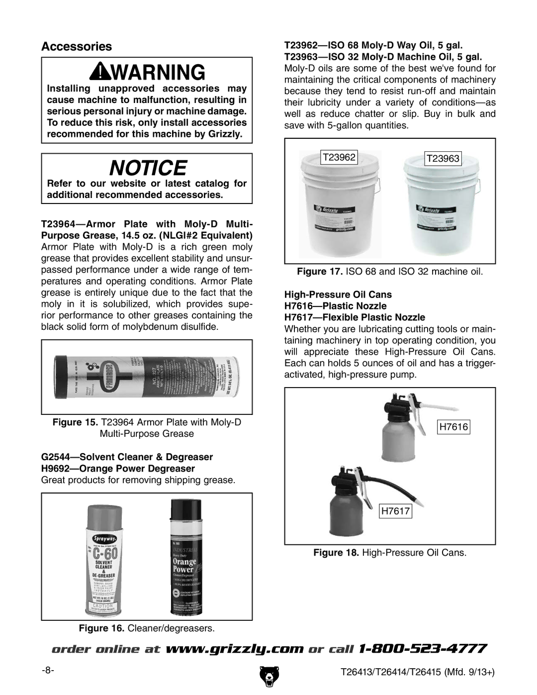 Grizzly T26415, T26414, T26413 specifications Accessories, ISO 68 and ISO 32 machine oil 