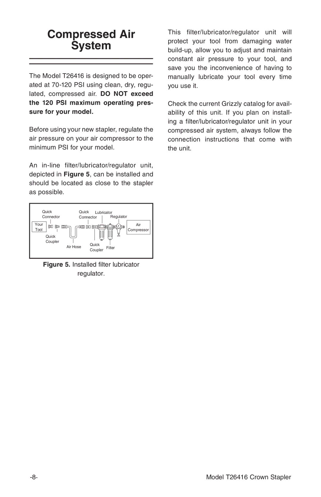 Grizzly T26416 owner manual Compressed Air System 