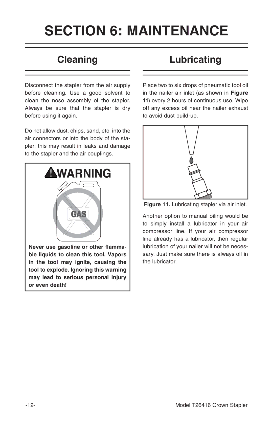 Grizzly T26416 owner manual Maintenance, CleaningLubricating 