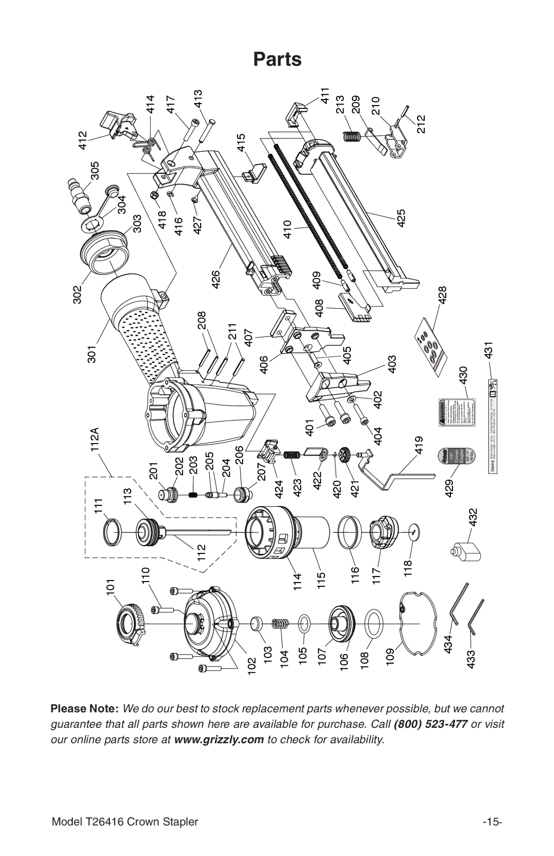 Grizzly T26416 owner manual Parts, To reduce risk of injury 