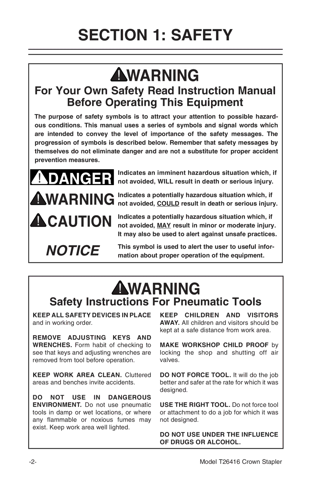 Grizzly T26416 owner manual Before Operating This Equipment, Safety Instructions For Pneumatic Tools 