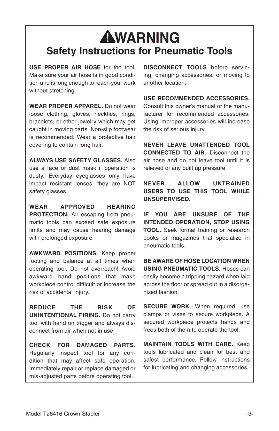 Grizzly T26416 owner manual Safety Instructions for Pneumatic Tools 