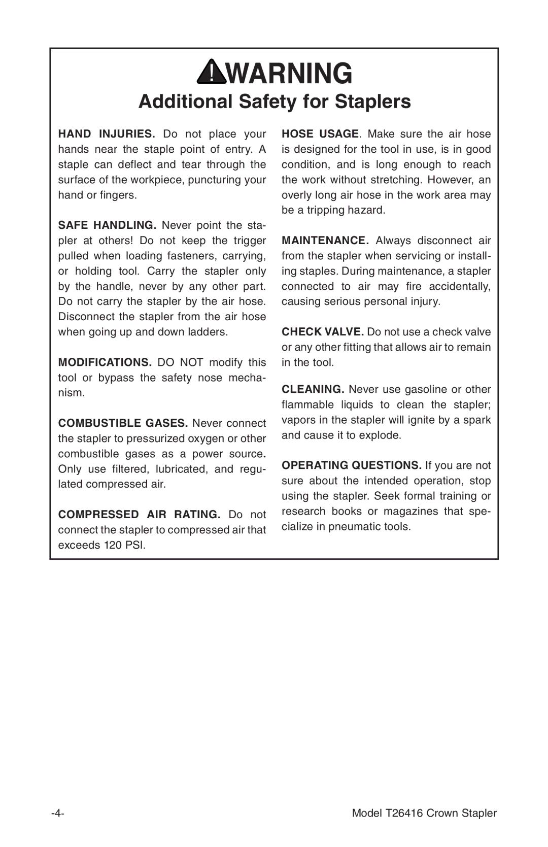 Grizzly T26416 owner manual Additional Safety for Staplers 