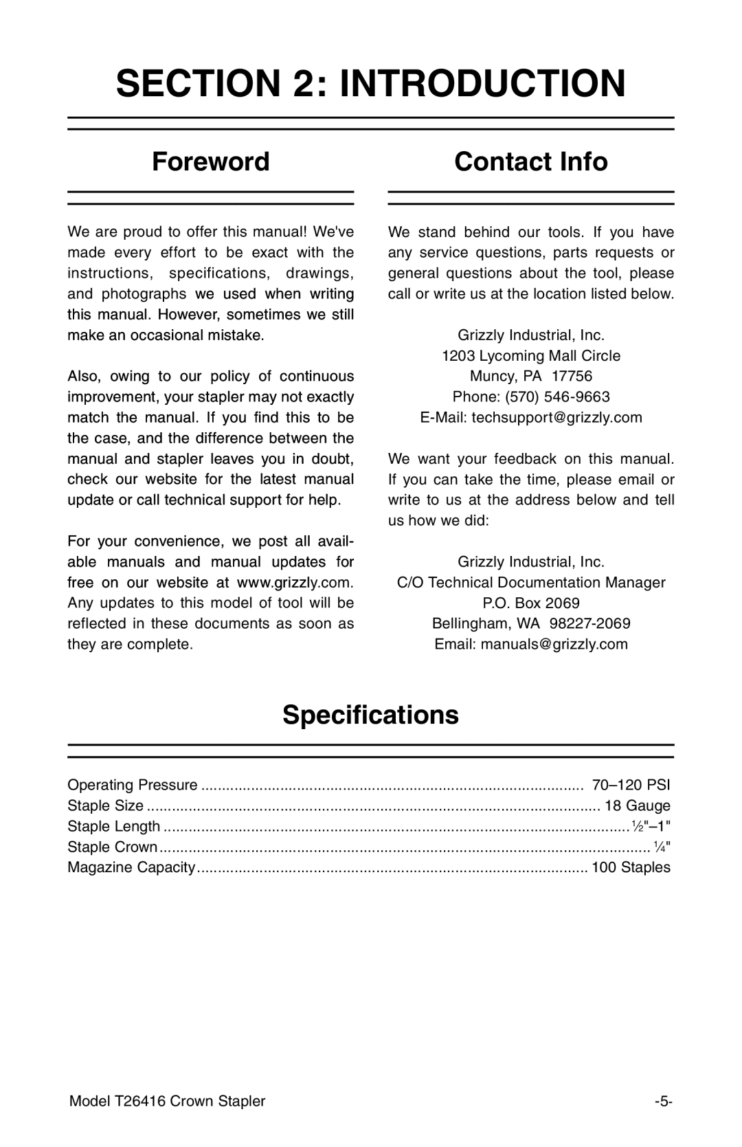 Grizzly T26416 owner manual Introduction, Foreword Contact Info, Specifications 