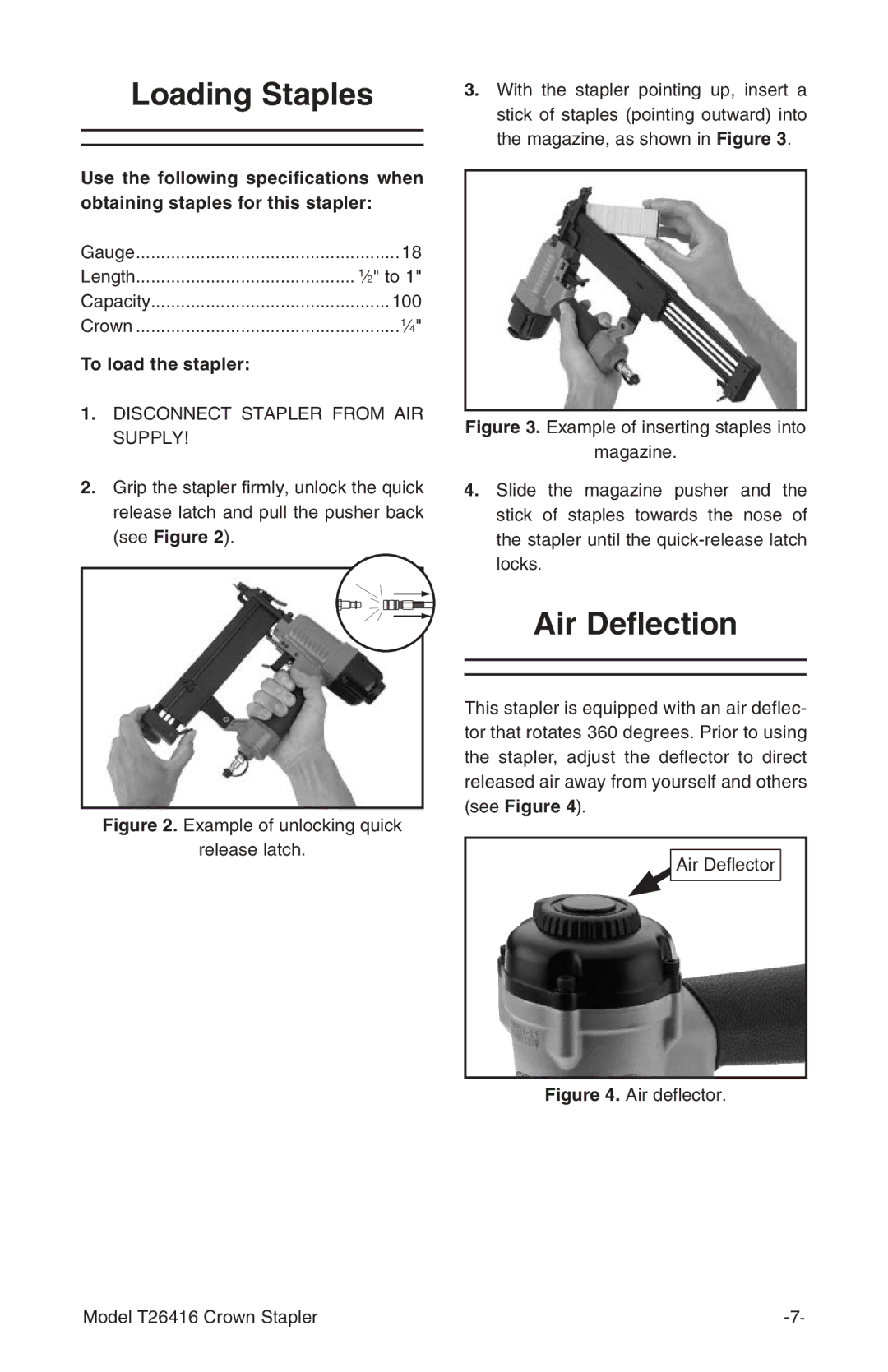 Grizzly T26416 owner manual Loading Staples, Air Deflection, To load the stapler 