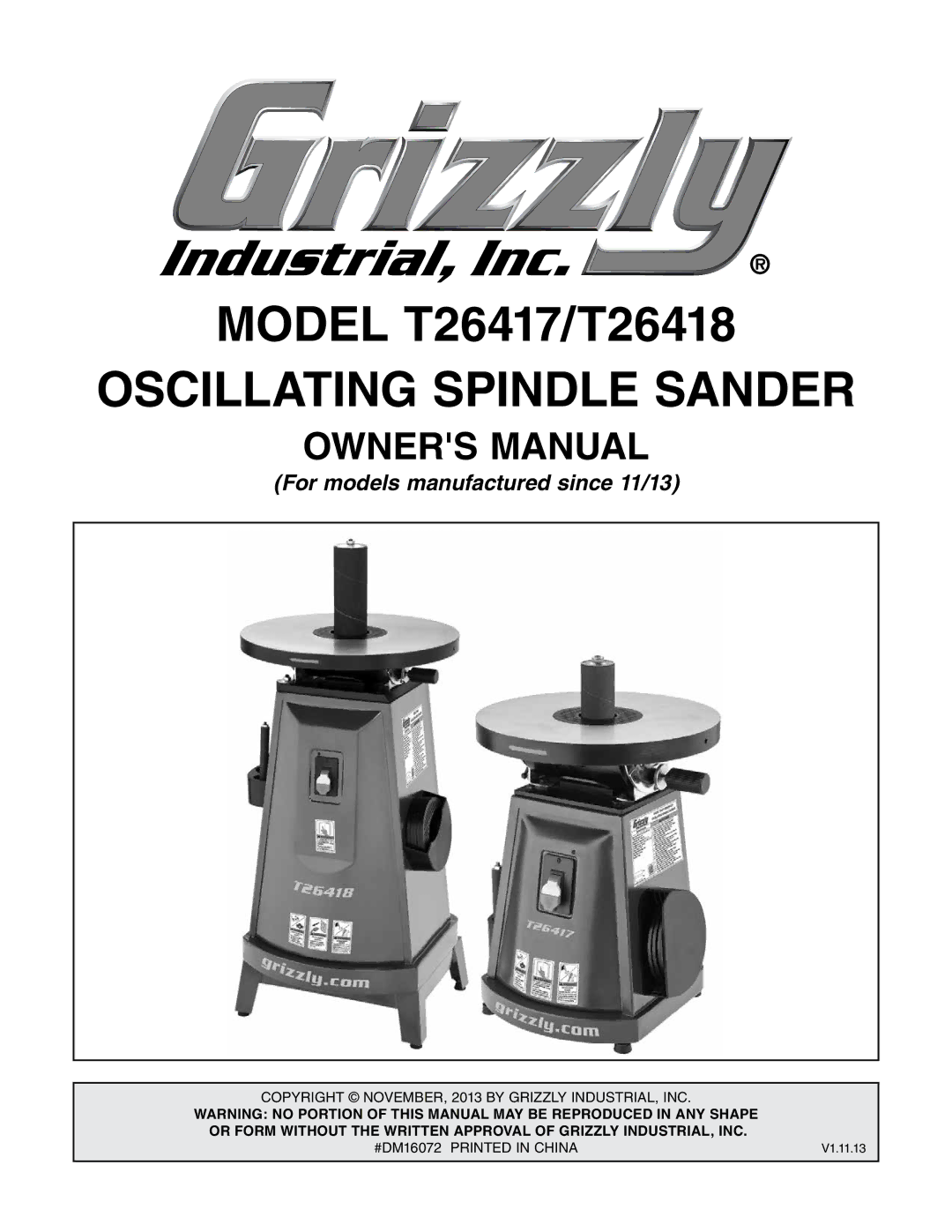 Grizzly T26417/T26418 owner manual Oscillating Spindle Sander 