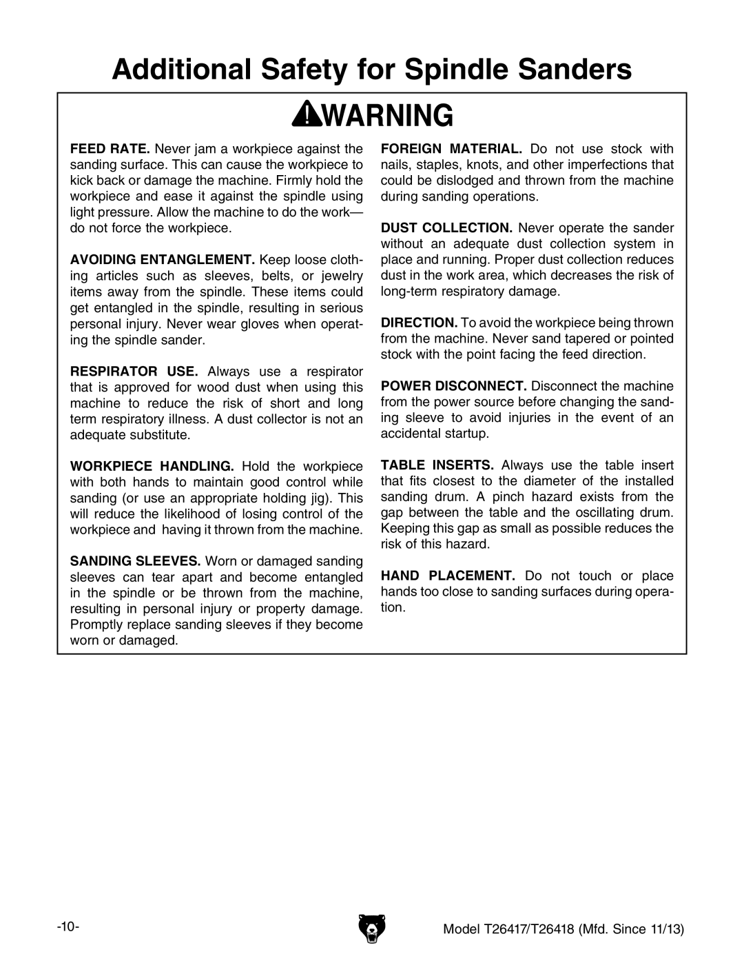 Grizzly T26417/T26418 owner manual Additional Safety for Spindle Sanders 