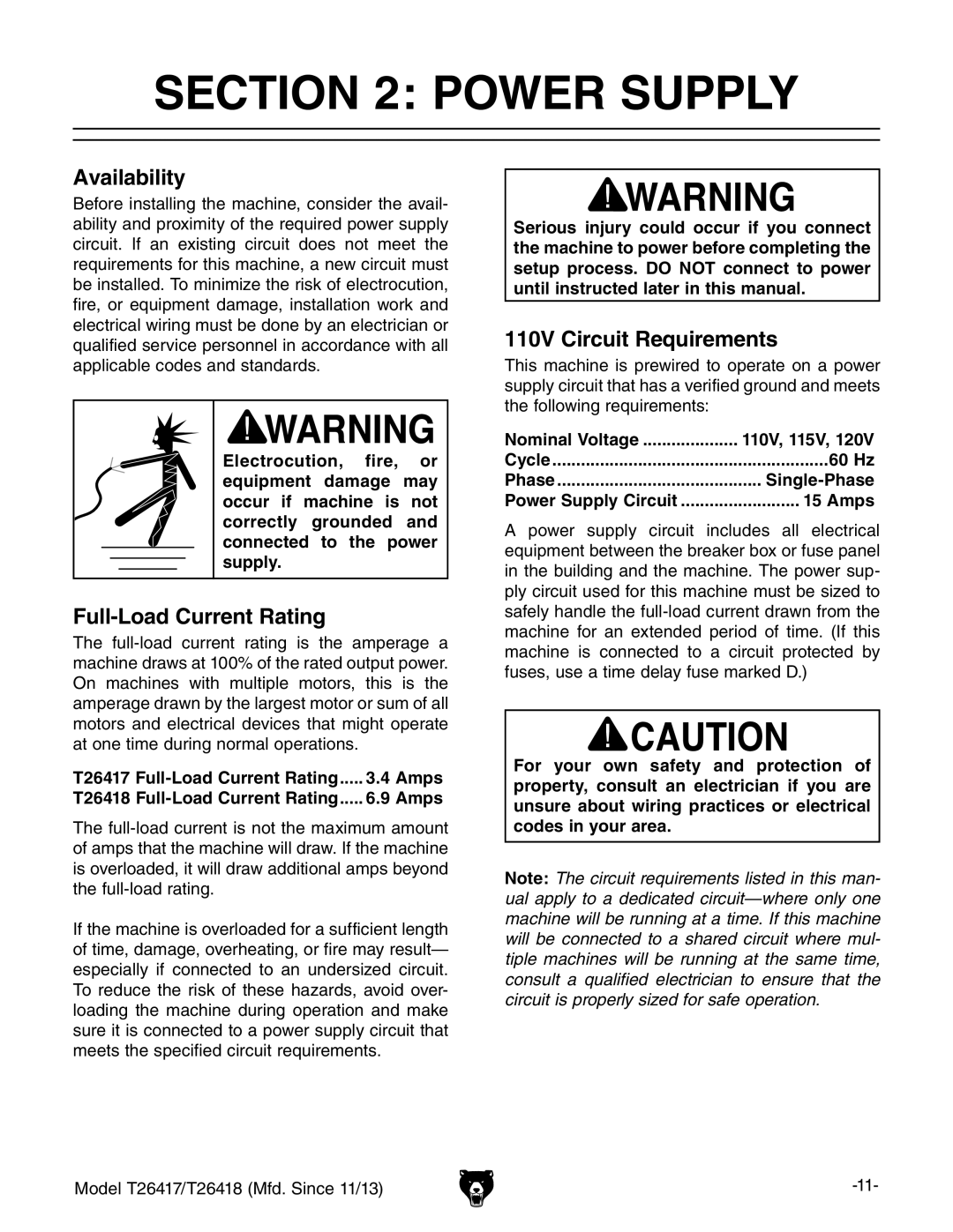 Grizzly T26417/T26418 owner manual Power Supply, Availability, Full-Load Current Rating, 110V Circuit Requirements 