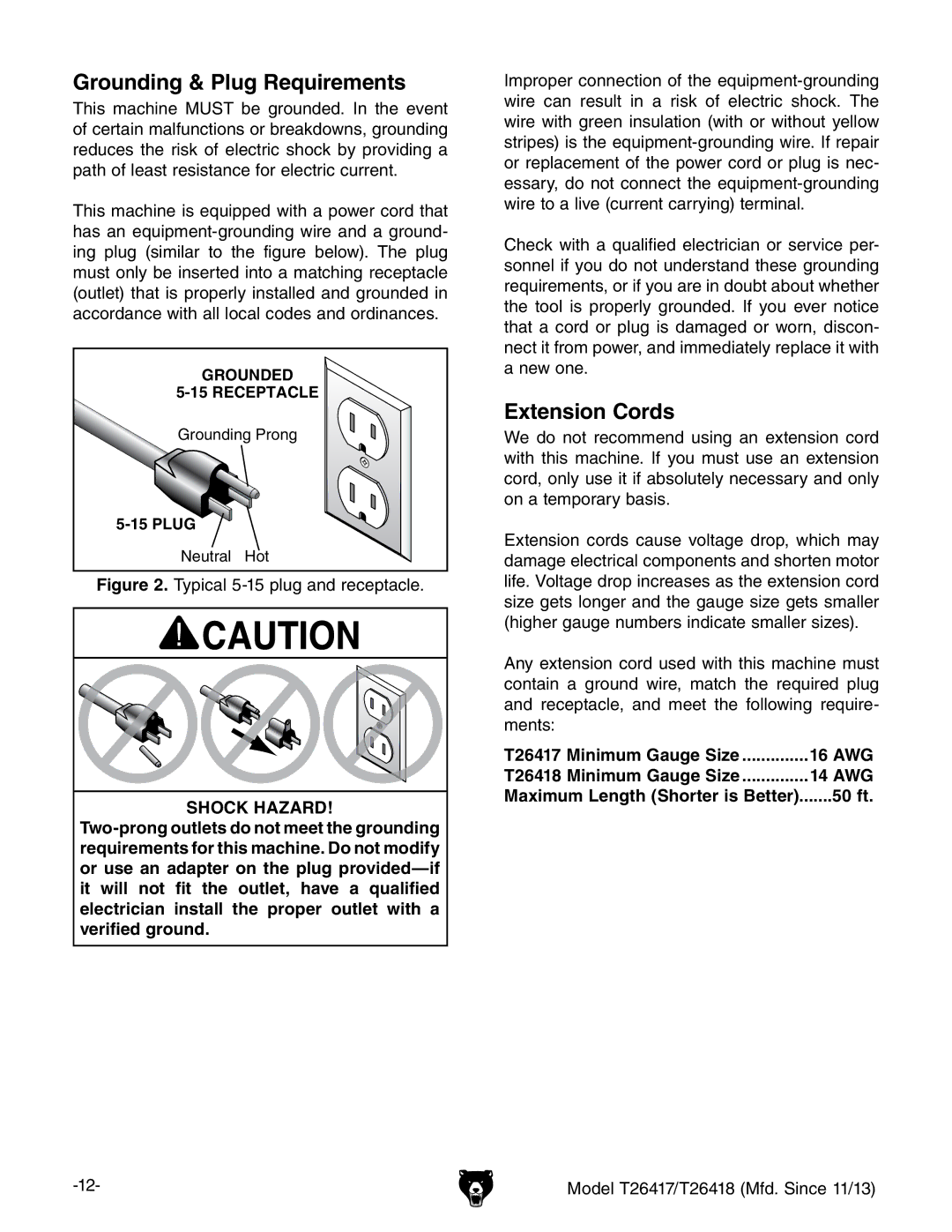 Grizzly T26417/T26418 owner manual Grounding & Plug Requirements, Extension Cords, 16 AWG, 14 AWG, 50 ft 