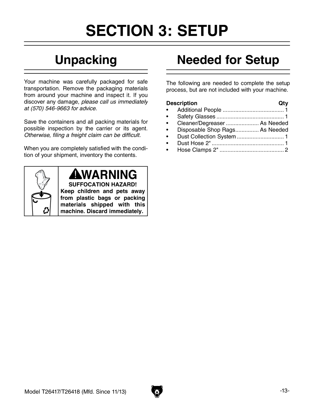 Grizzly T26417/T26418 owner manual Unpacking, Needed for Setup, Description Qty 