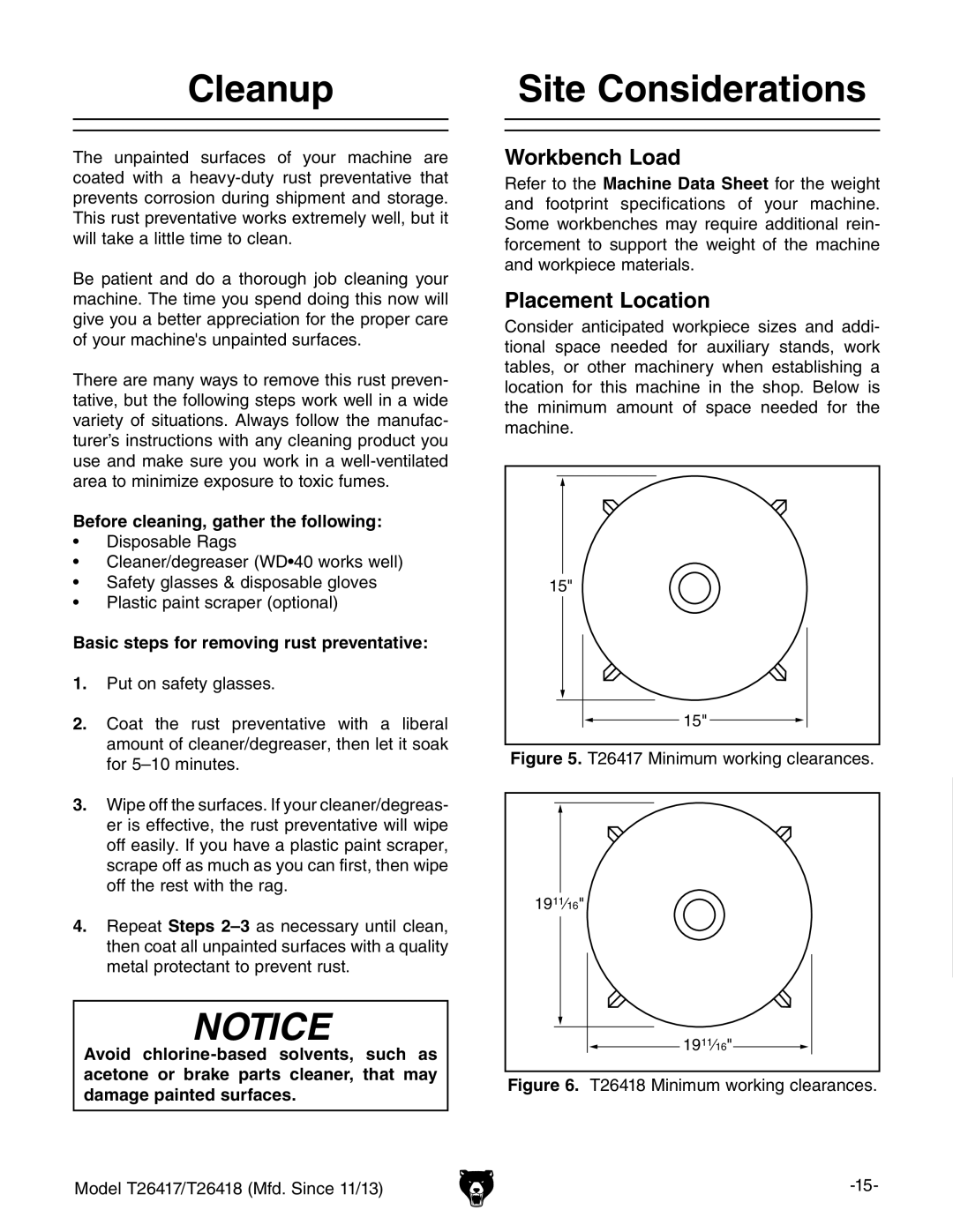 Grizzly T26417/T26418 owner manual Cleanup, Site Considerations, Workbench Load, Placement Location 