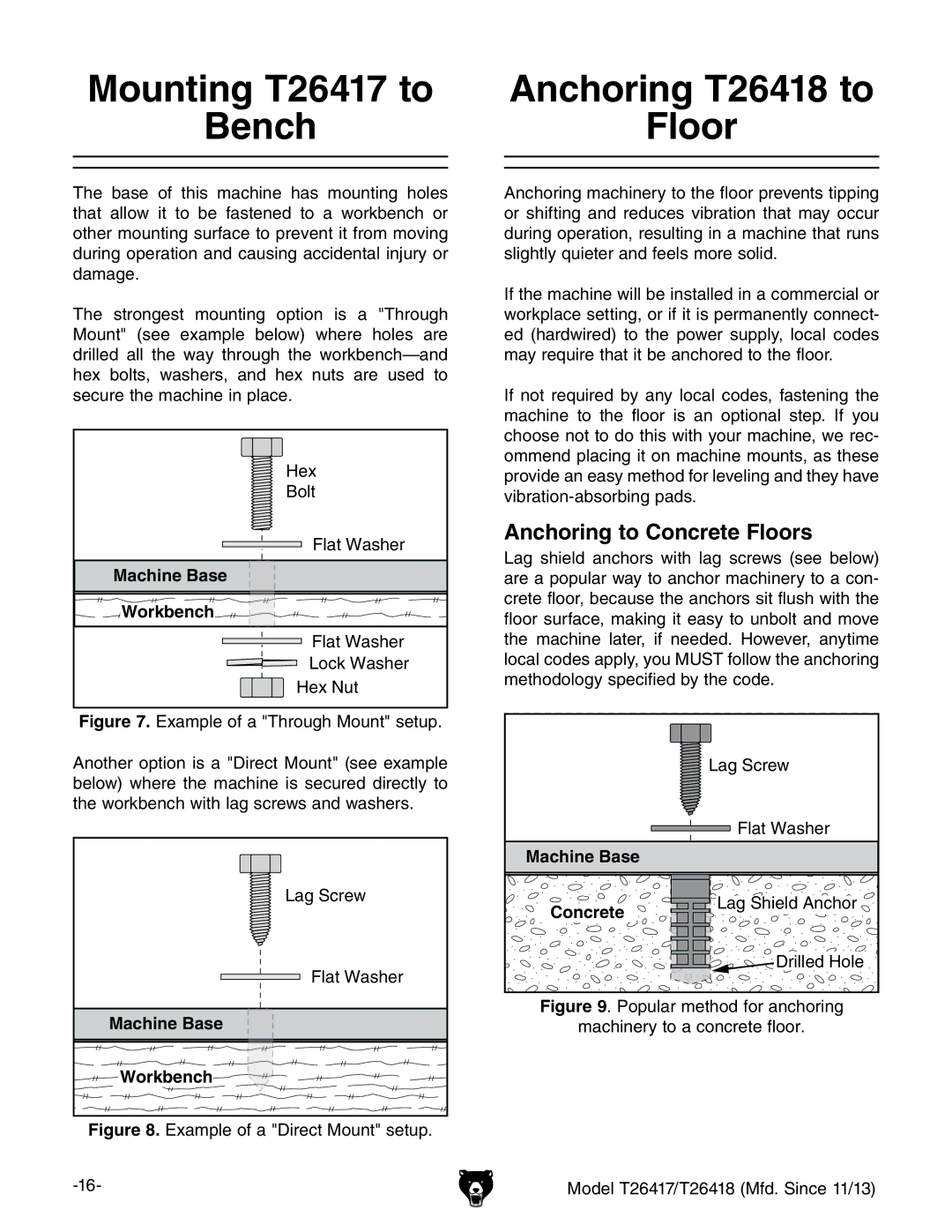 Grizzly T26417/T26418 Mounting T26417 to Bench Anchoring T26418 to Floor, Anchoring to Concrete Floors, Workbench 