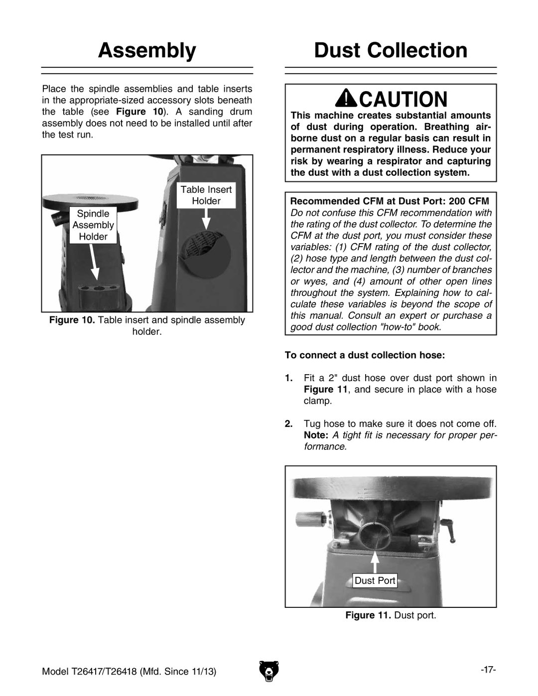 Grizzly T26417/T26418 owner manual Assembly Dust Collection, To connect a dust collection hose 