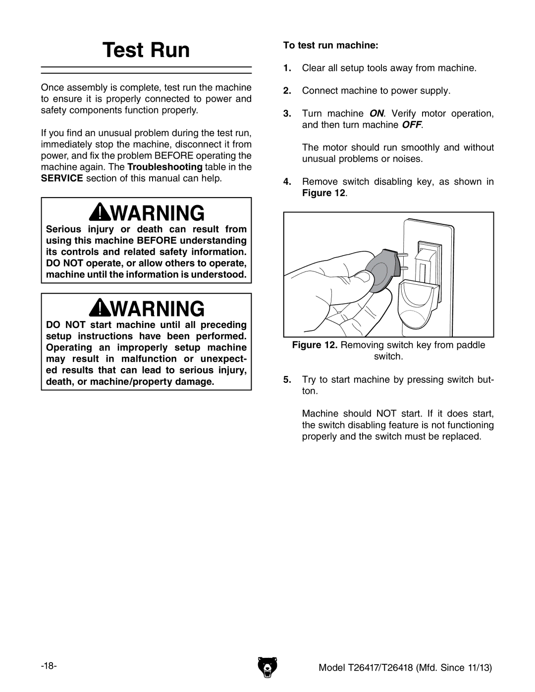 Grizzly T26417/T26418 owner manual Test Run 