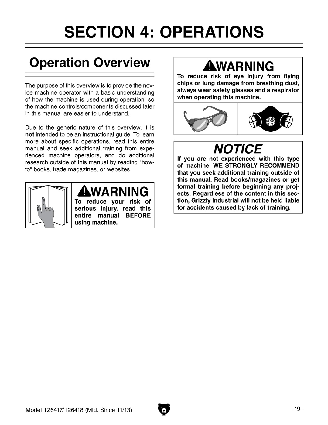 Grizzly T26417/T26418 owner manual Operations, Operation Overview 