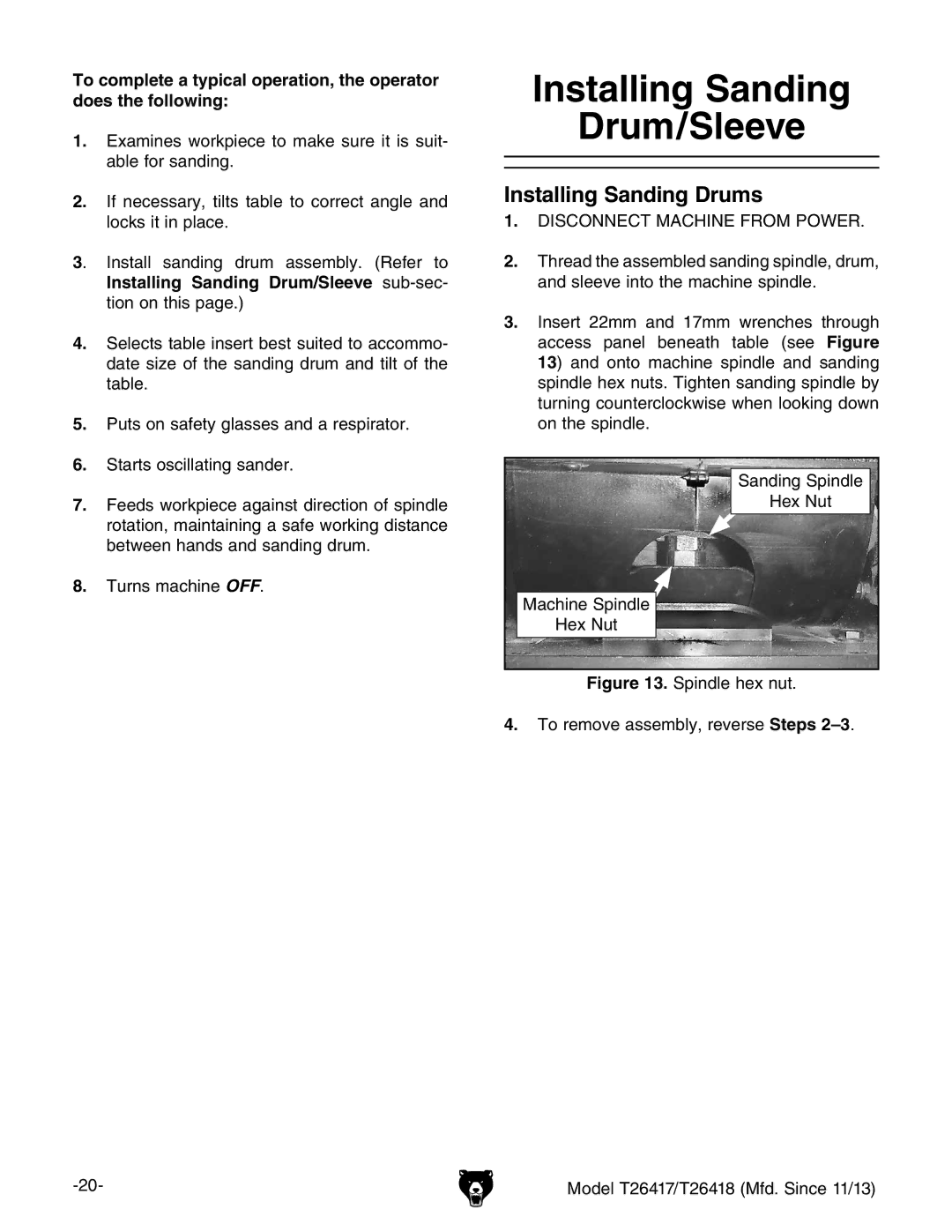 Grizzly T26417/T26418 owner manual Installing Sanding Drum/Sleeve, Installing Sanding Drums 