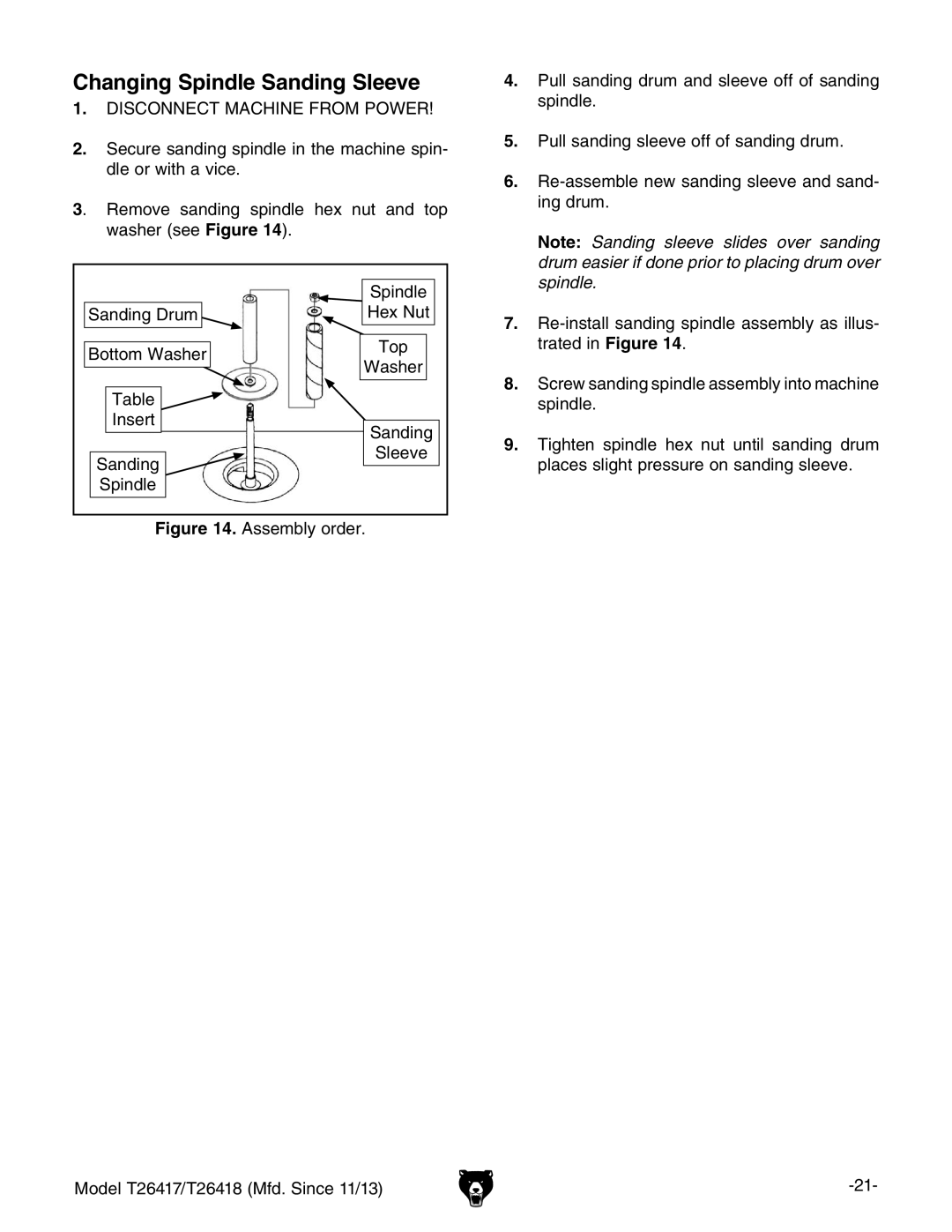 Grizzly T26417/T26418 owner manual Changing Spindle Sanding Sleeve 