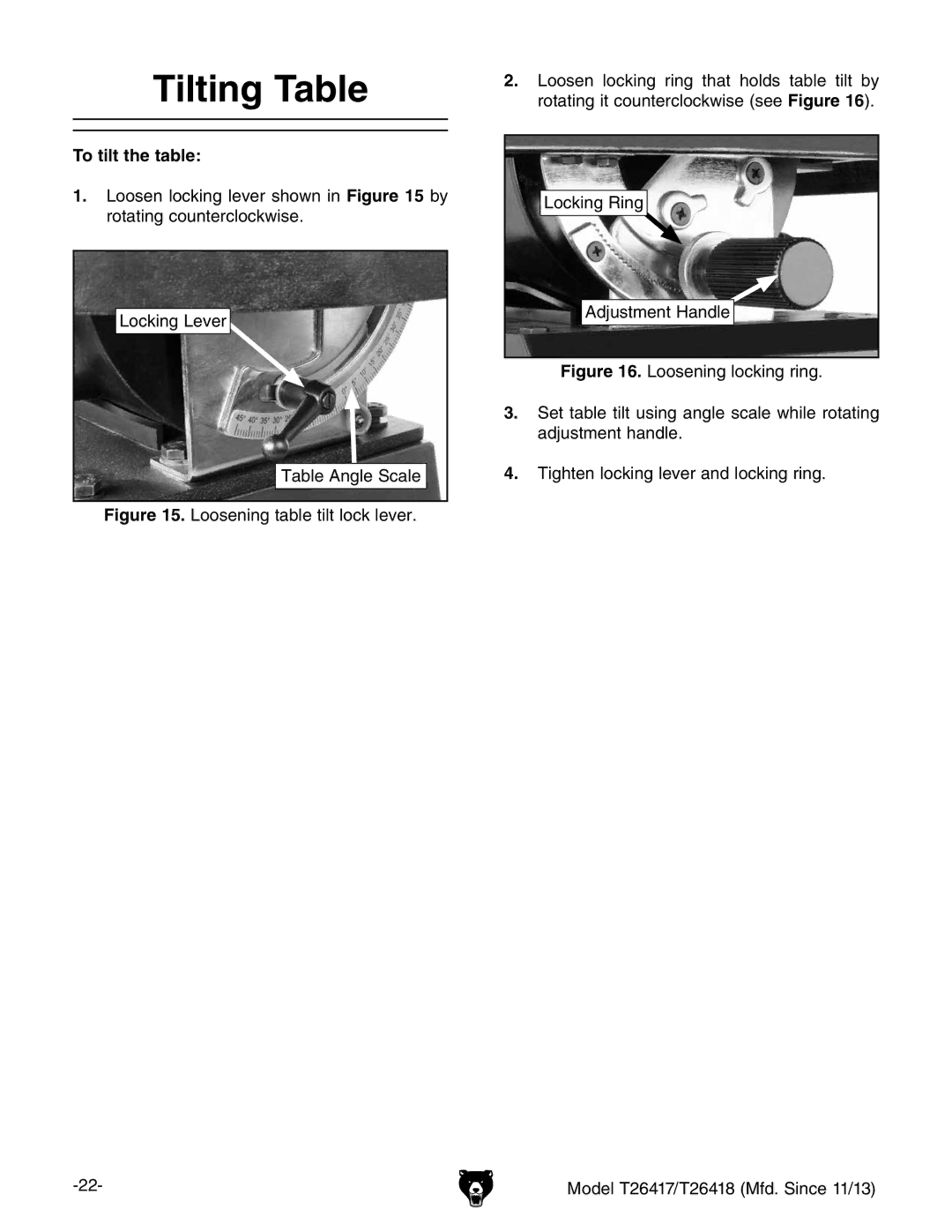 Grizzly T26417/T26418 owner manual Tilting Table, To tilt the table 