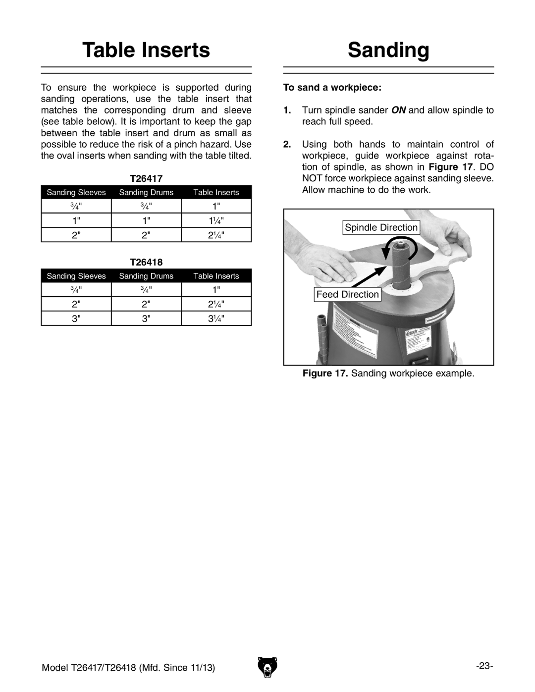 Grizzly T26417/T26418 owner manual Table Inserts, Sanding, To sand a workpiece 