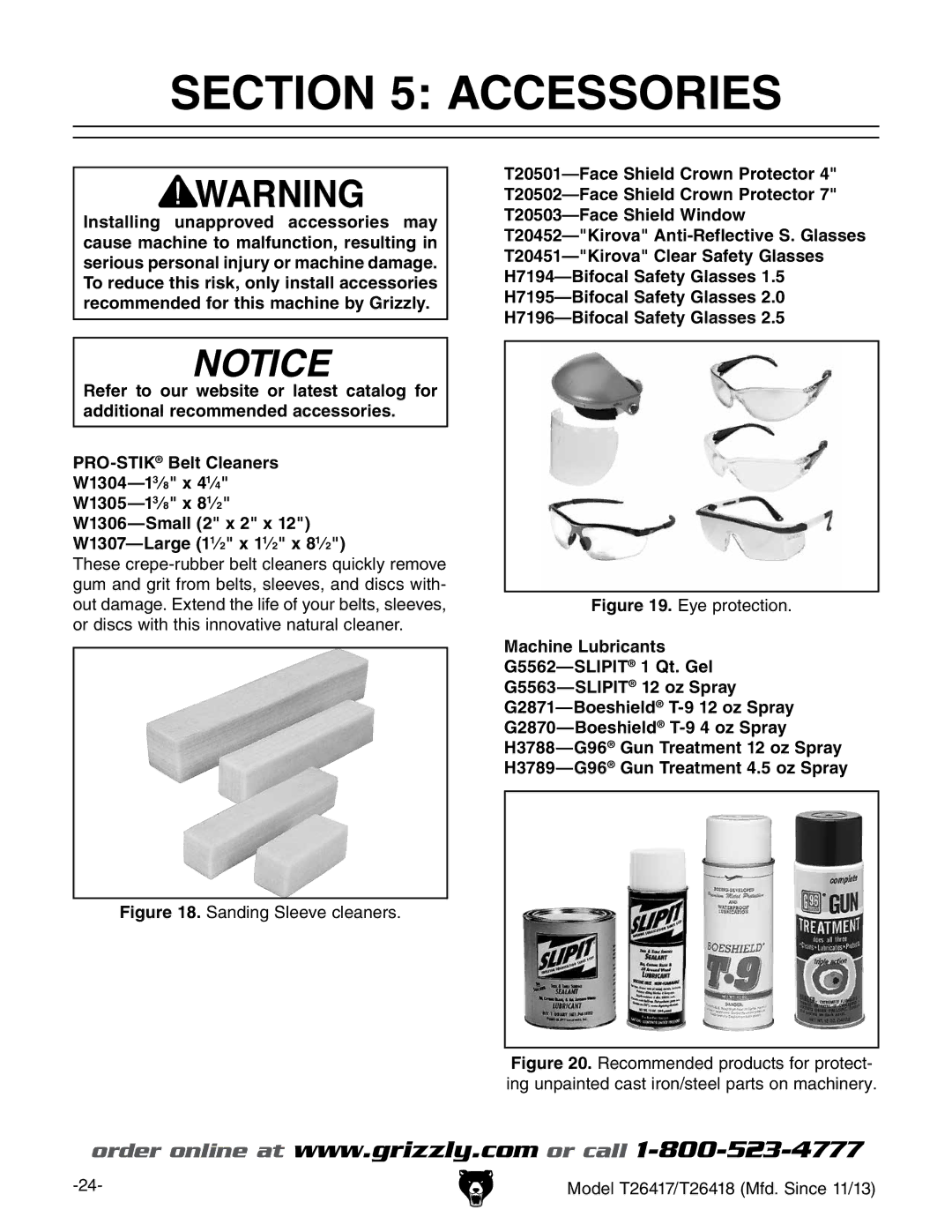 Grizzly T26417/T26418 owner manual Accessories, Sanding Sleeve cleaners 