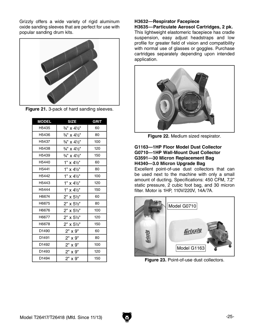 Grizzly T26417/T26418 owner manual Pack of hard sanding sleeves 