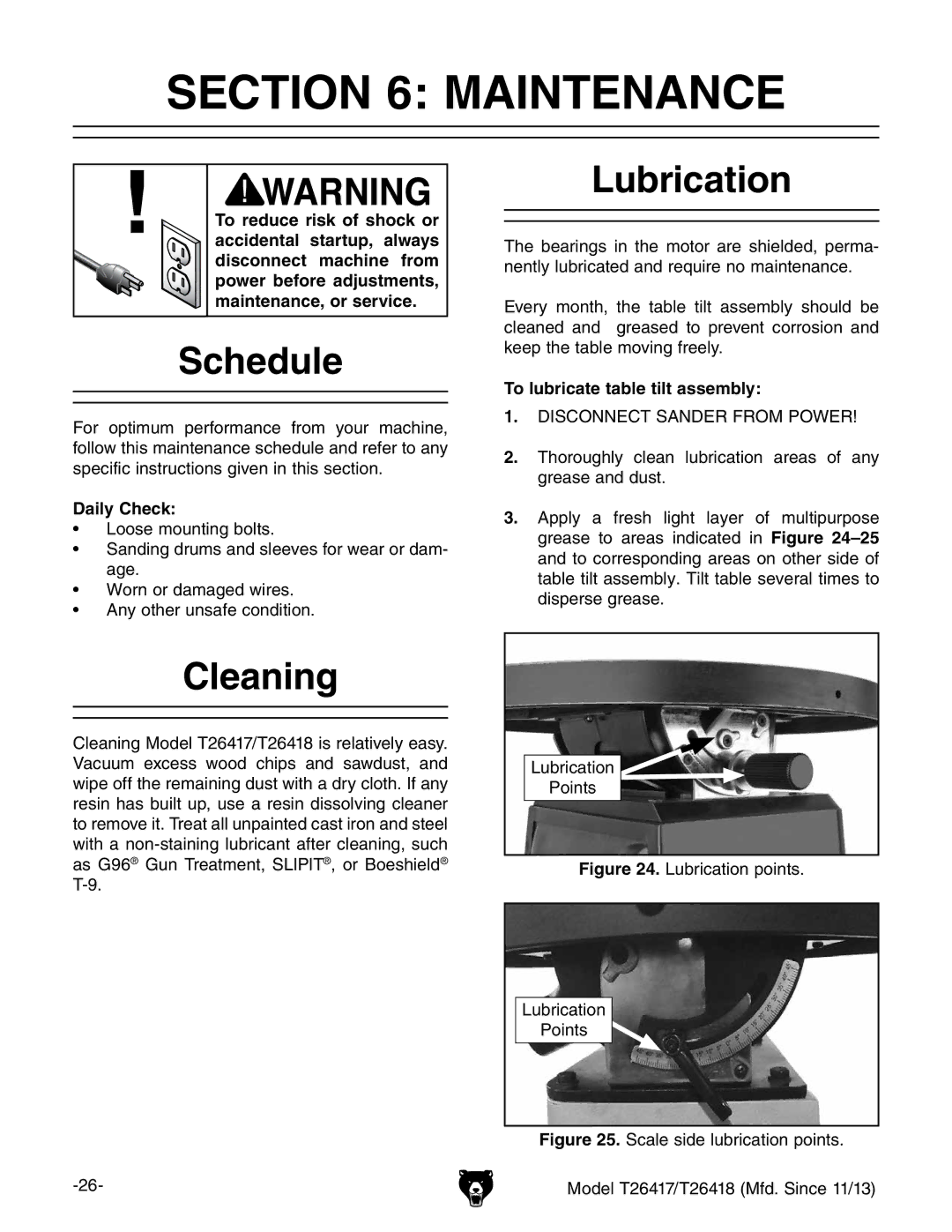 Grizzly T26417/T26418 owner manual Maintenance, Schedule, Lubrication, Cleaning 