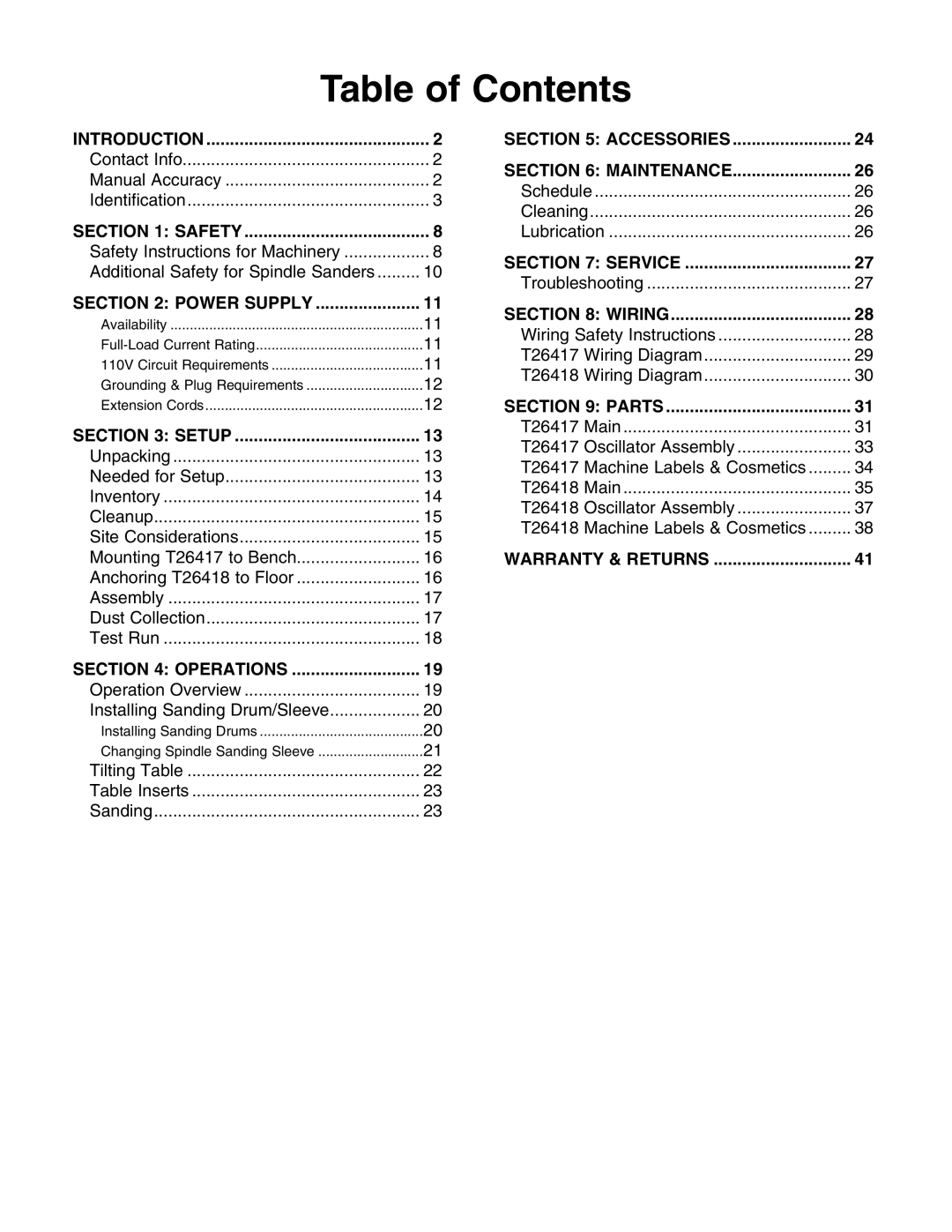 Grizzly T26417/T26418 owner manual Table of Contents 