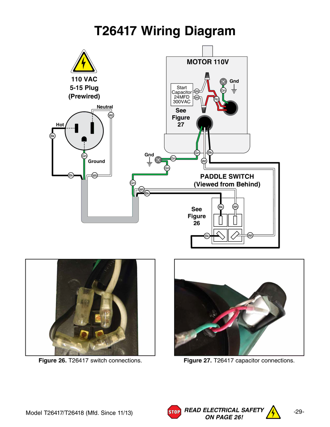 Grizzly T26417/T26418 owner manual T26417 Wiring Diagram, T26417 switch connections 