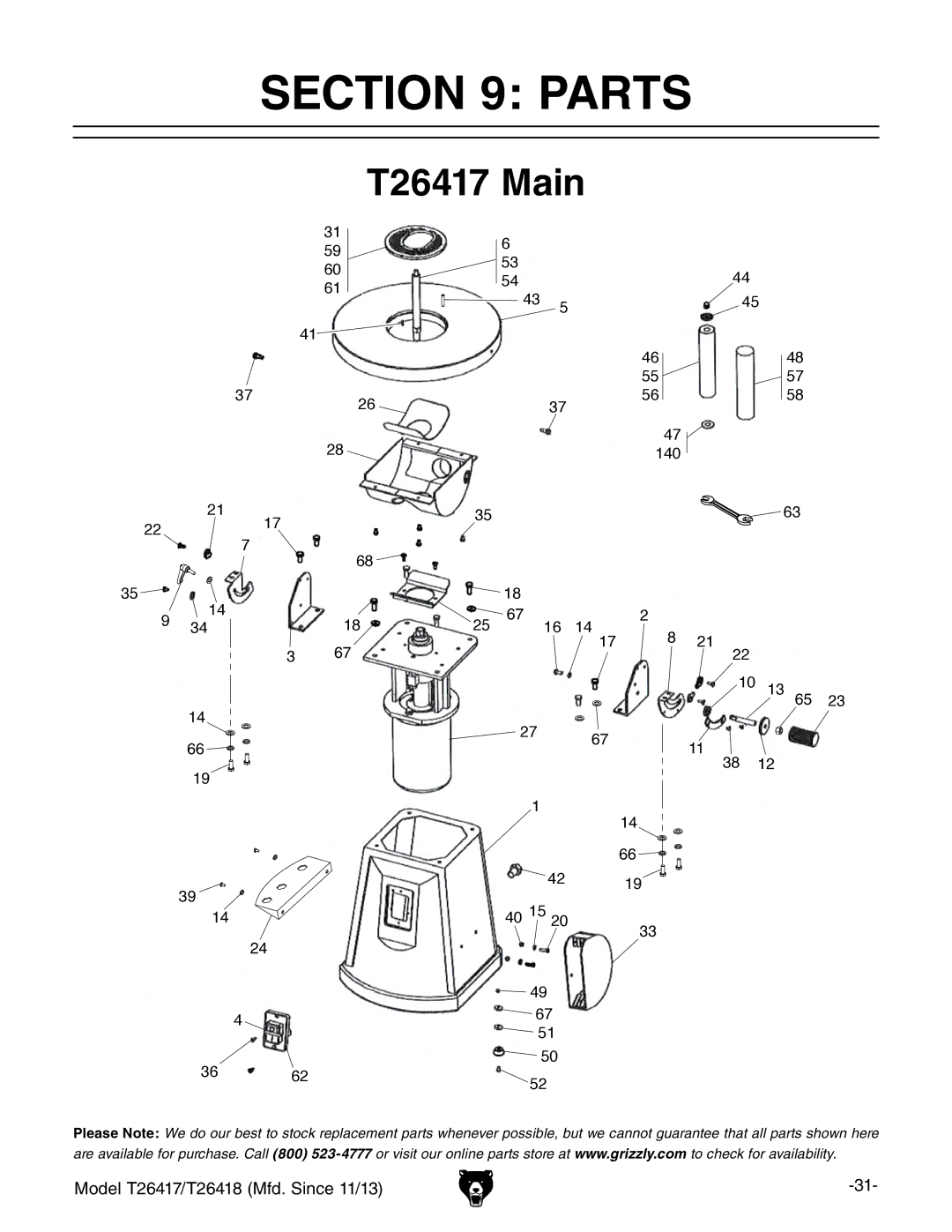 Grizzly T26417/T26418 owner manual Parts, T26417 Main 