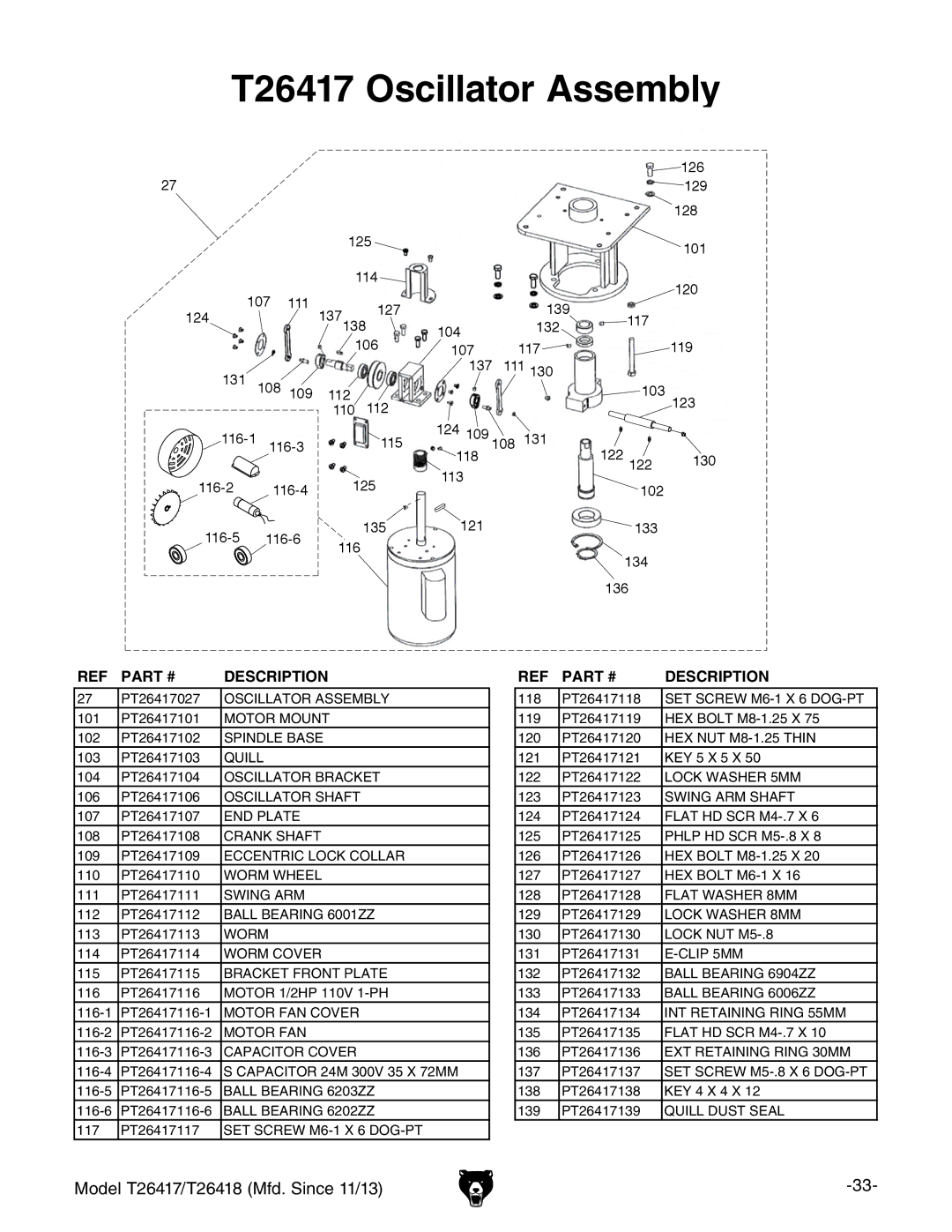 Grizzly T26417/T26418 owner manual T26417 Oscillator Assembly 