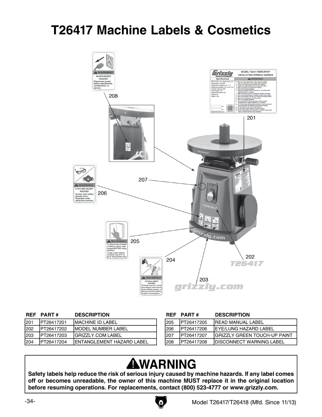 Grizzly T26417/T26418 owner manual T26417 Machine Labels & Cosmetics 