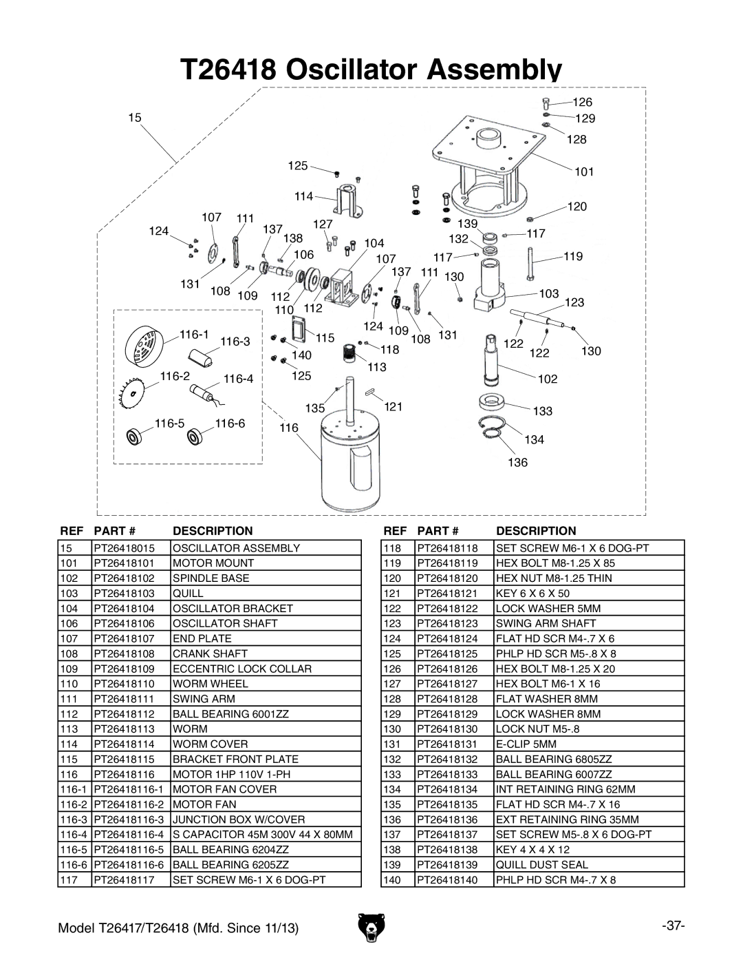 Grizzly T26417/T26418 owner manual T26418 Oscillator Assembly 