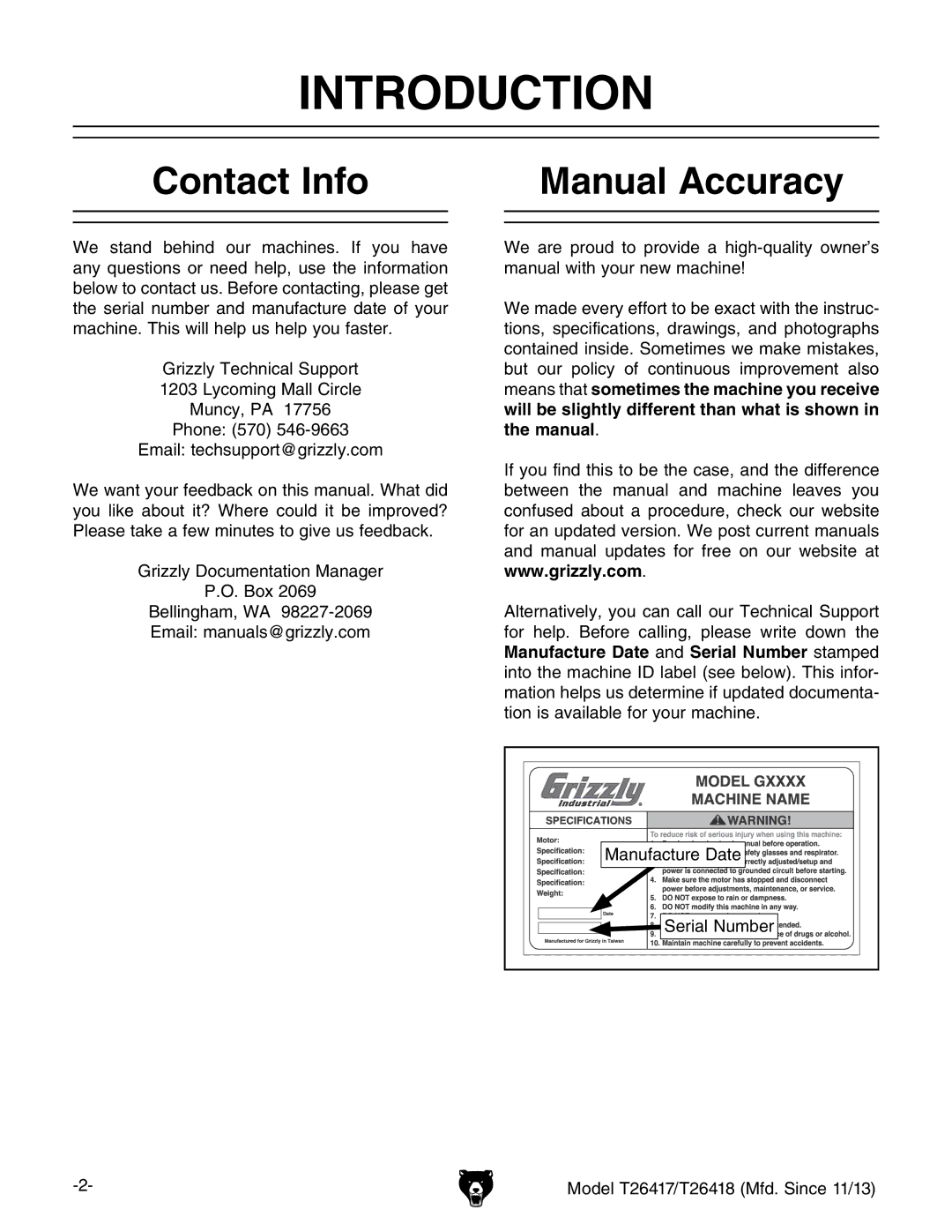 Grizzly T26417/T26418 owner manual Introduction, Contact Info Manual Accuracy 