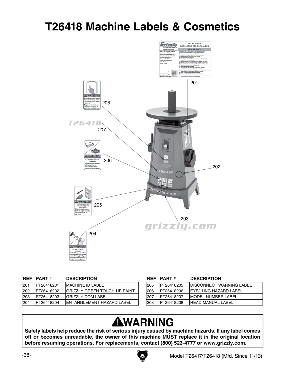 Grizzly T26417/T26418 owner manual T26418 Machine Labels & Cosmetics 