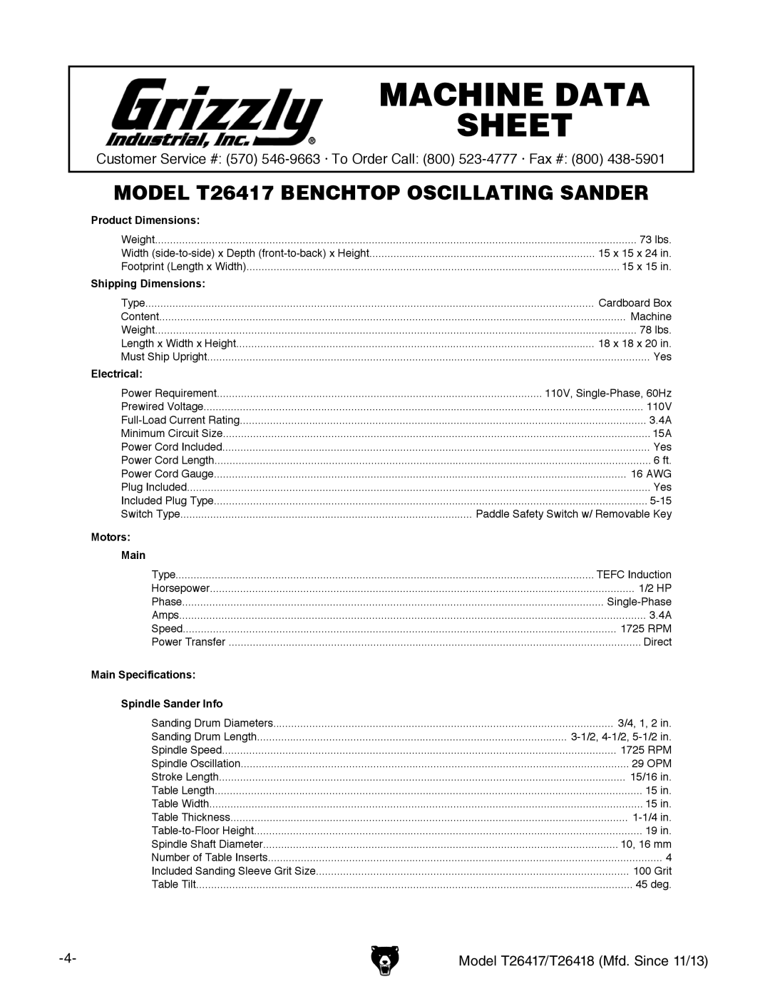 Grizzly T26417/T26418 owner manual Machine Data Sheet 