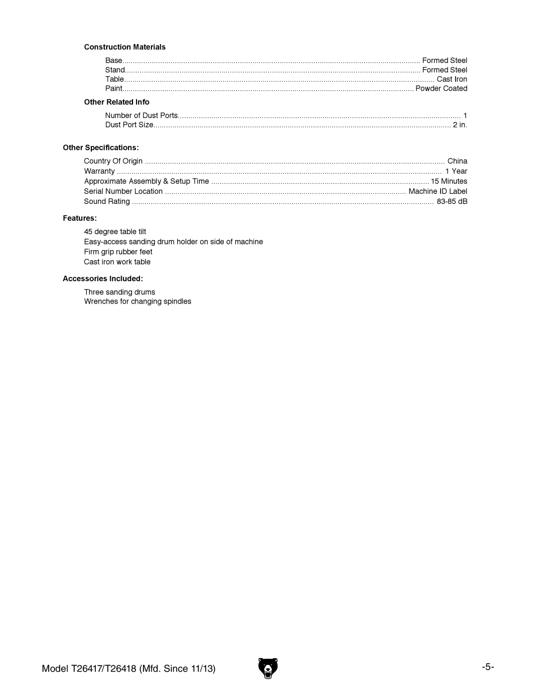 Grizzly T26417/T26418 owner manual Construction Materials 