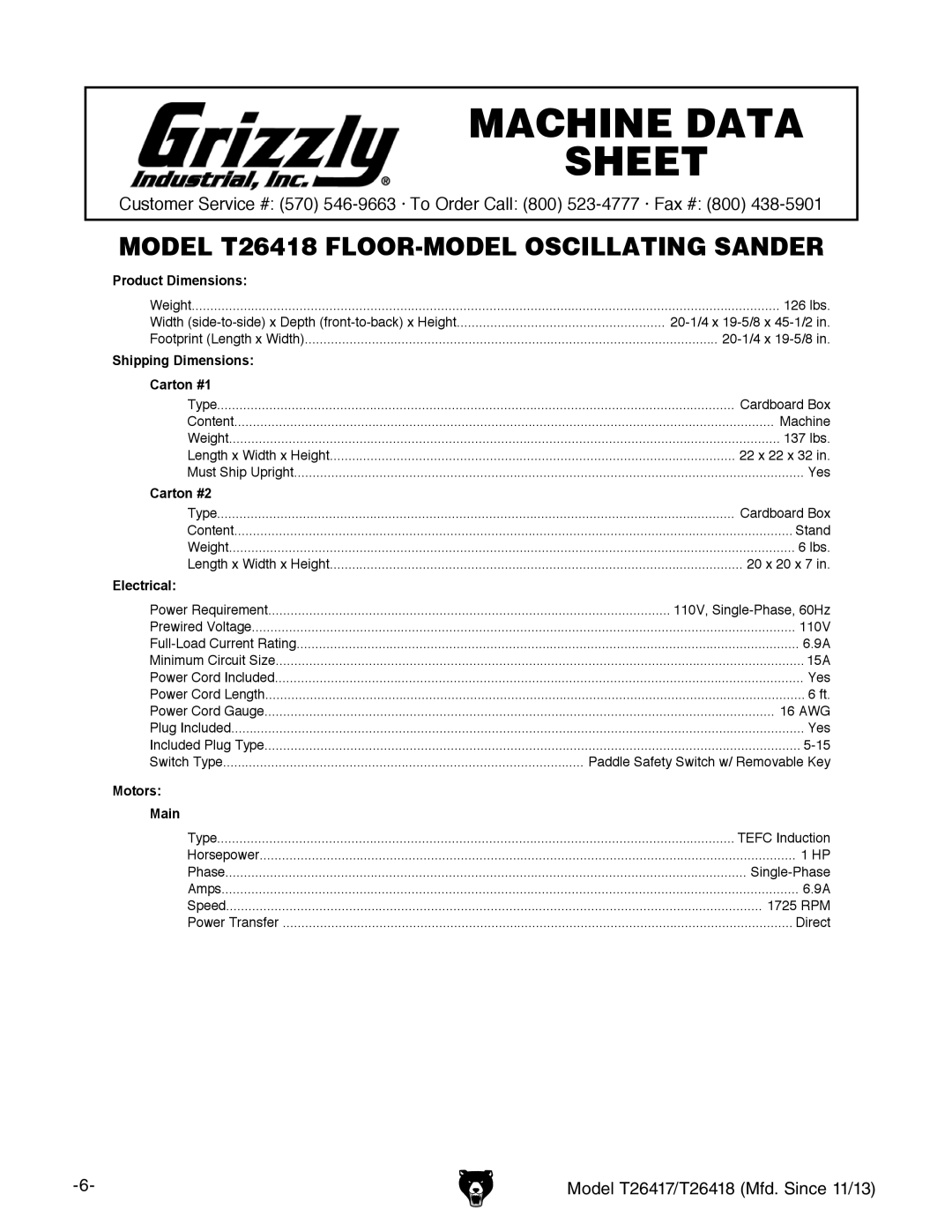 Grizzly T26417/T26418 owner manual Machine Data Sheet 