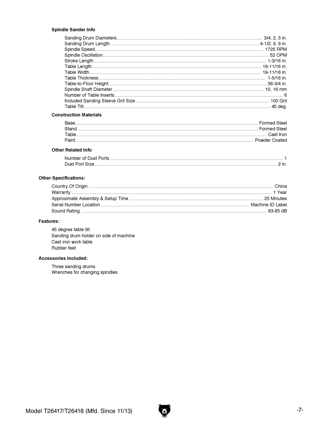 Grizzly T26417/T26418 owner manual Construction Materials 