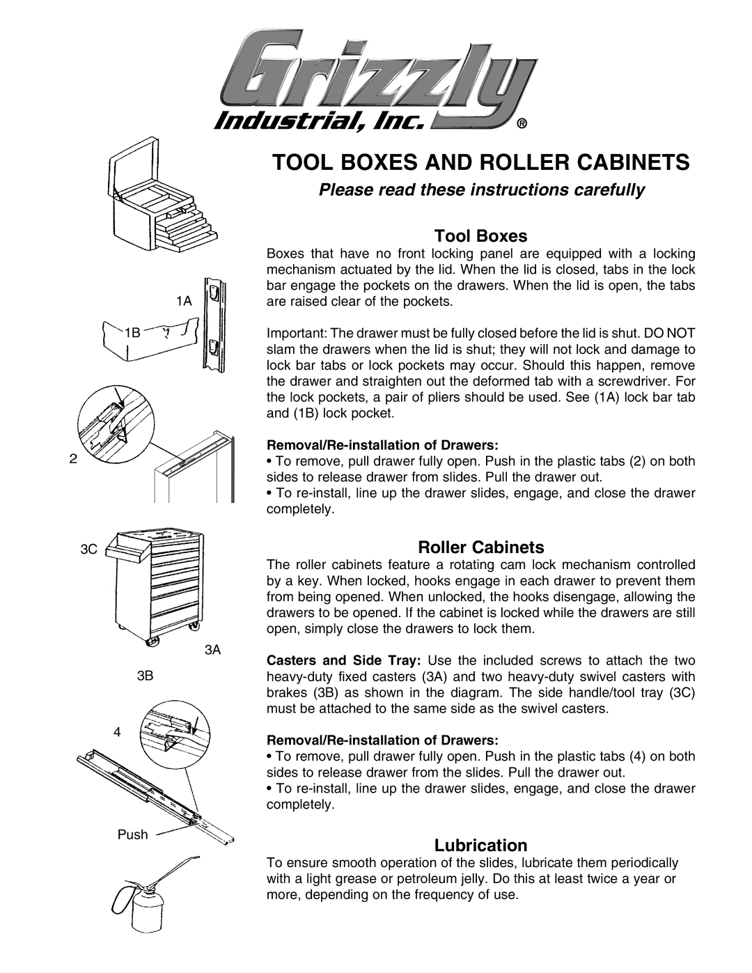 Grizzly Tool Storage manual Tool Boxes and Roller Cabinets, Please read these instructions carefully, Lubrication 