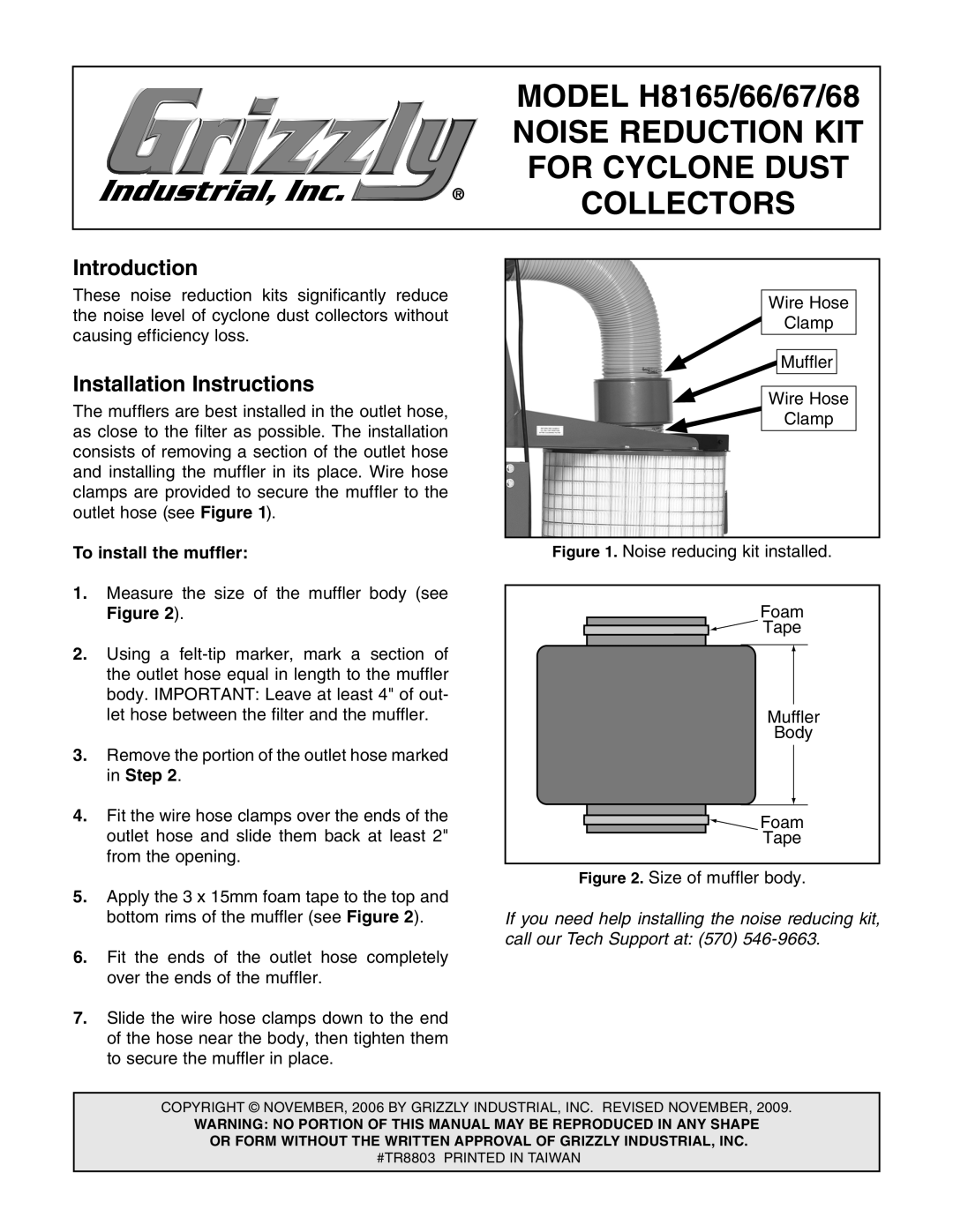 Grizzly TR8803 installation instructions Noise Reduction KIT, For Cyclone Dust, Collectors, Introduction 