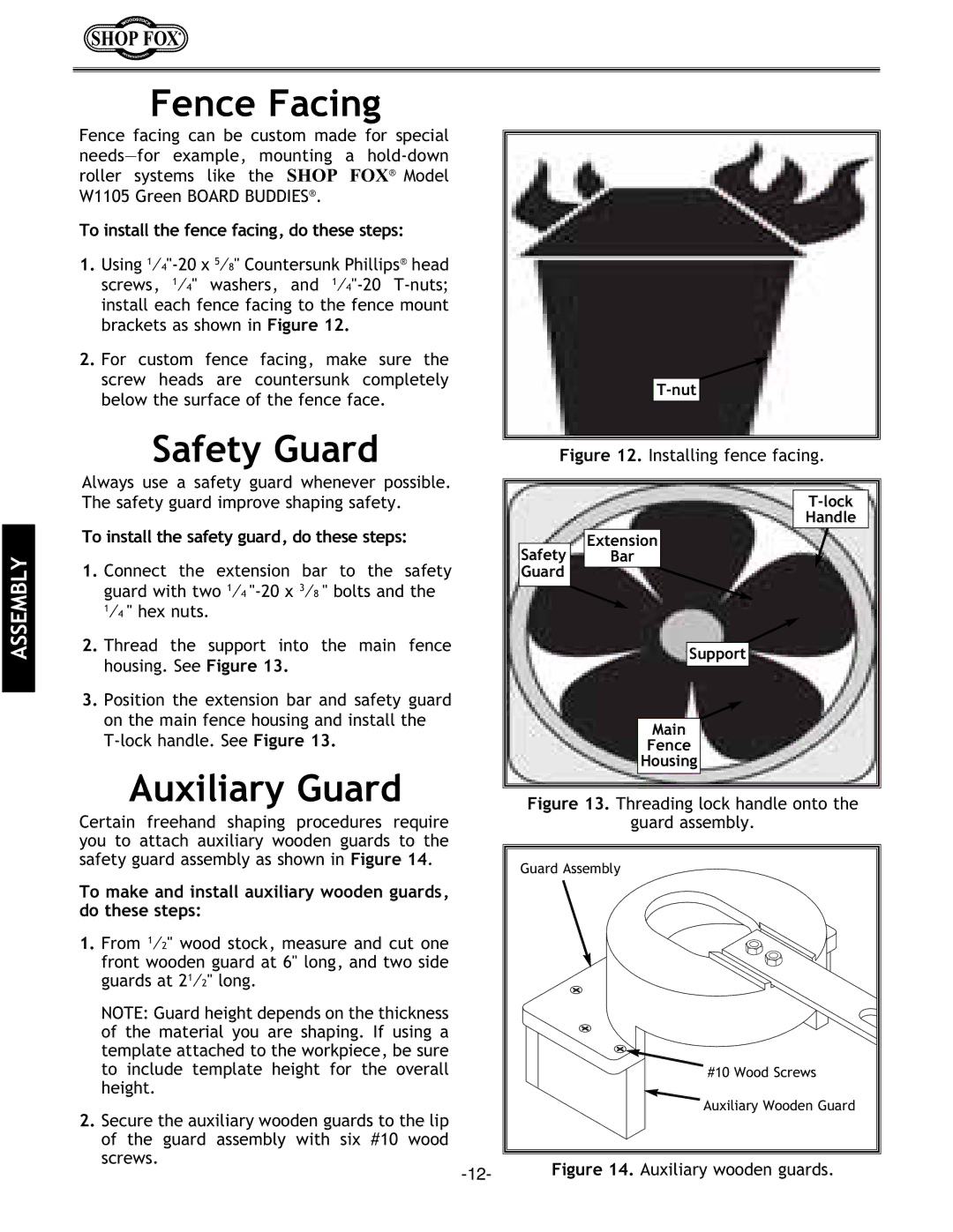 Grizzly w1702 instruction manual Fence Facing, Safety Guard, Auxiliary Guard 